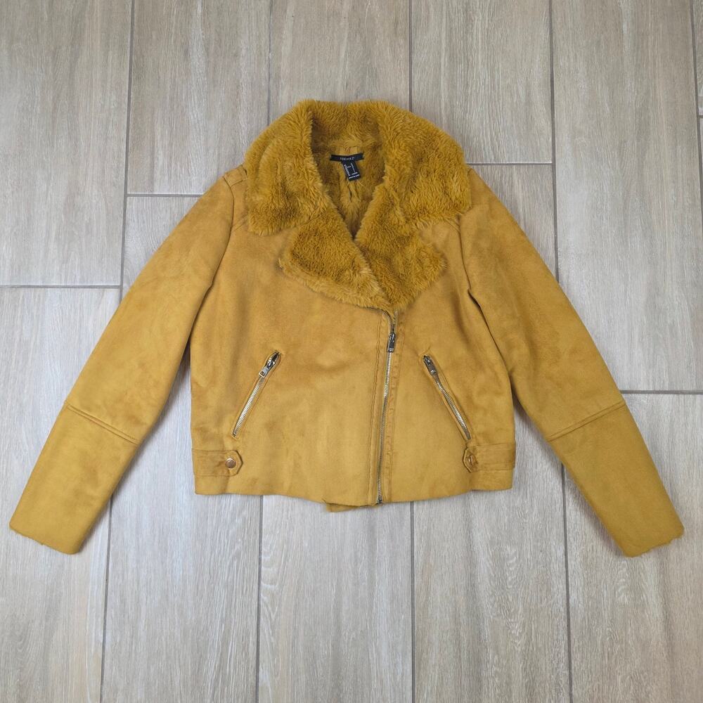 Forever 21 Moto Jacket Womens L Mustard Faux Suede Shearling Fur Biker NWT